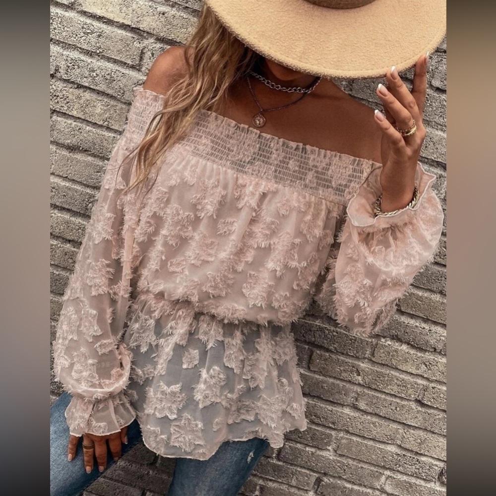 Boho dusty pink  floral jacquard sheer  off shoulder blouse - Picture 6 of 6